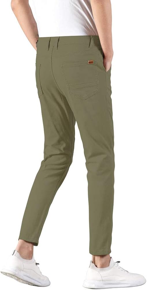 Plaid&Plain Mens Slim Fit Khaki Pants Stretch Cropped Chino Pants Men