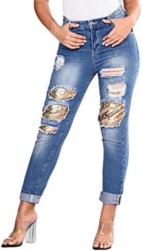 GARMOY Women's Fashion Distressed Ripped Skinny Fit Jeans With Sequin Patched Blue 10