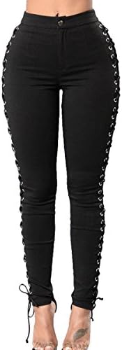 Women Black Side Hollow Out Cross Pants Bandage Bodycon Leggings Club Trousers