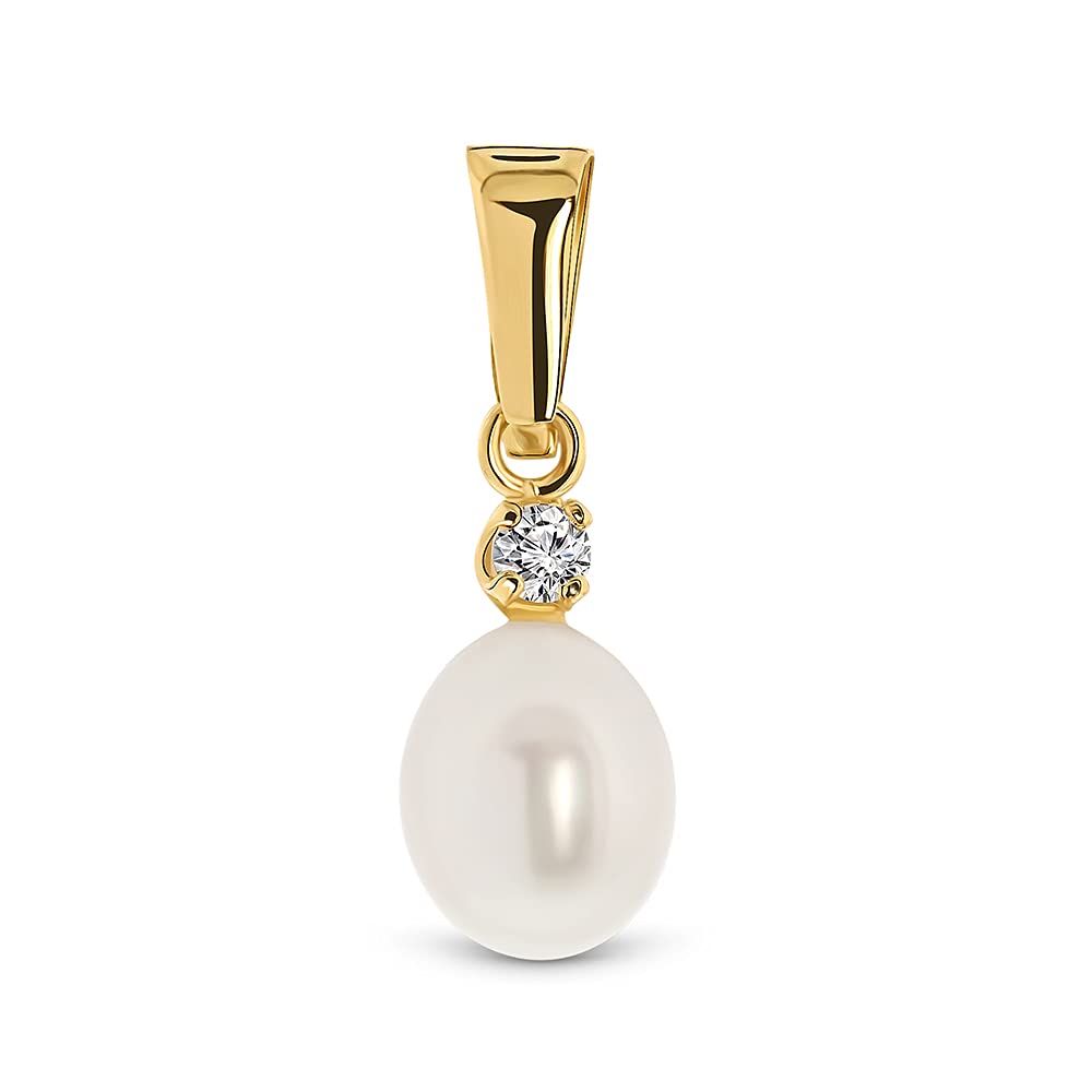 MIORE 7mm White Freshwater Pearl Pendant for Women in Solid 14ct 585 Yellow gold with Sparkling Zirconia Crystal 0.13ct- Charm Pendant without Chain - Delivered in Jewellery Box
