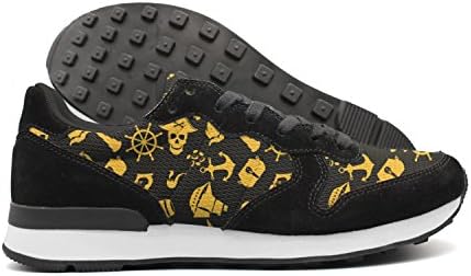 Hoohle Black Pirate Skulls Anchor Knife Rudder Telescope Pirate Flag Women Fashion Black Internationalist Leather Mid Suede Mesh Retro Casual Running Sports Trainers Runner Walking Sneakers Shoes
