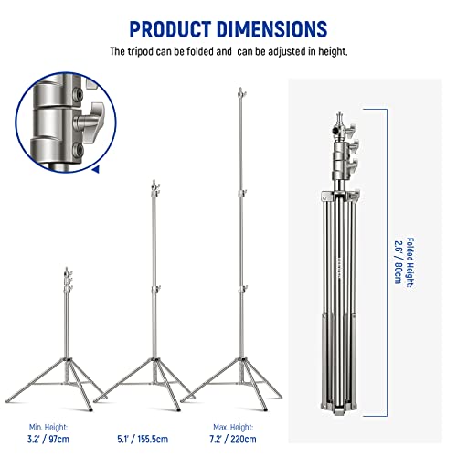 NEEWER Soporte de Luz de Acero Inoxidable de 7,2 pies / 2,2 m, Soporte de Trípode de Fotografía Resistente con Resorte Acolchado con Adaptador de Tornillo Universal de 1/4 "a 3/8"