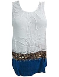 Boho Style Sexy Blouse White Sequin Hippie Sleeveless Tunic Top