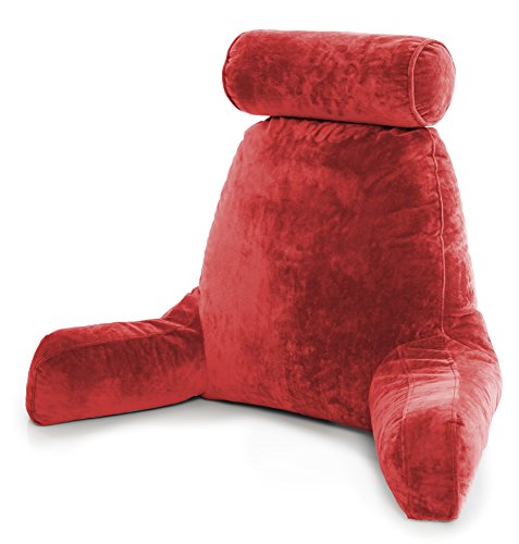 Husband Pillow Big Bedrest Reading & Support Bed Backrest w/Arms, Red - Premium Shredded Memory Foam with Detachable Neck Roll Pillow - Bed Rest Pillow Makes a Comfy & Therapeutic Cuddle Buddy