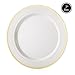ELITE SELECTION Disposable Plastic Salad Plates - 50 Pack Premium Quality Hard Round 7.5” Cream Plate with Elegant Gold Double Trim for Wedding, Birthday, and Party