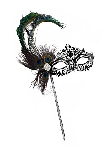 Simone Peacock Deluxe Metal Laser-Cut Bejeweled Women's Masquerade Stick Mask