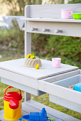 roba Children's Kitchen Sand and Water Fun – Multifunctional – Outdoor Table for Outdoor Activities with 2 Tubs – Lid in Solid Wood Lacquered Grey