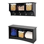 Prepac Sonoma Black Cubbie Bench and Wall Coat Rack Set
