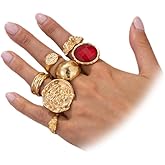 Douxsu Chunky Gold Hammered Dome Knuckle Rings Set Stackable for Women Statement Red Crystal Thick Silver Ring Stacking Vintage Prom Party Jewelry Accessories