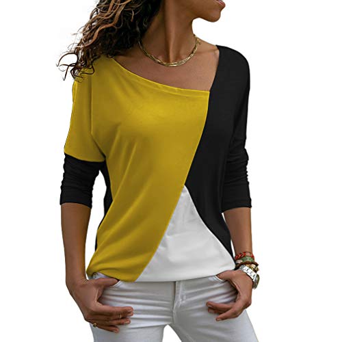 Sarin Mathews Womens Shirts Casual Tee Shirts Long Sleeve Patchwork Color Block Loose Fits Tunic Tops Blouses Black+Yellow S