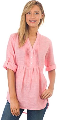 CAMIXA Women's Casual Button-up Popover Shirt Effortless Work to Weekend Basic L Pink Coral