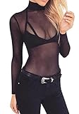 Mangopop Women's Clubwear Sheer Long Sleeve Pure Mesh Tops Tee Blouse