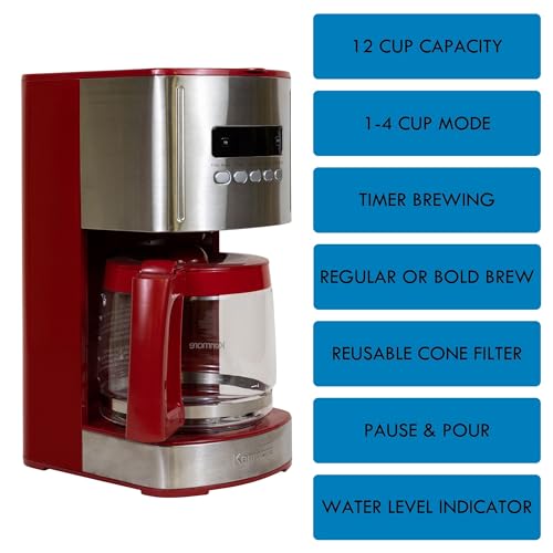 Kenmore Cafetera de goteo: máquina de café programable con olla de vidrio, preparación regular y audaz, depósito de agua grande con apagado automático, filtro reutilizable, electrodomésticos de cocina para cafetería barista, 12 tazas, color rojo