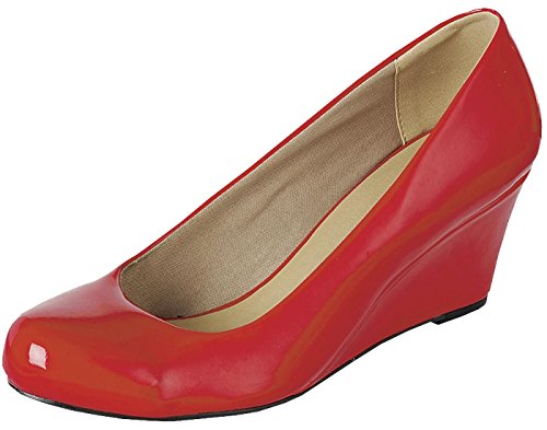 Forever Link Women's Classic Ballet Patent Wedge Pump (6 B(M) US, Red)