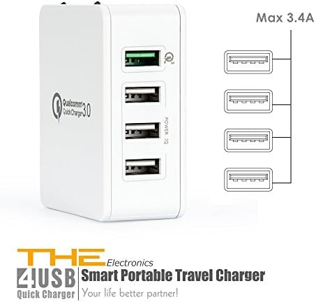 (Qualcomm Certified) THE Electronics Quick charge 3.0 USB Fast charging US Travel AC wall adapter for Samsung Motorola Nokia HTC Lenovo Smartphone Tablets (White 4 Port)