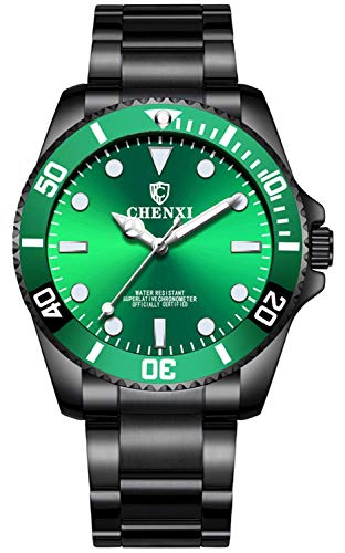 Mens Waterproof Watch Black Stainless Steel Luminous Dial Rotatable Bezel Analog Japanese Quartz Watches (Green)