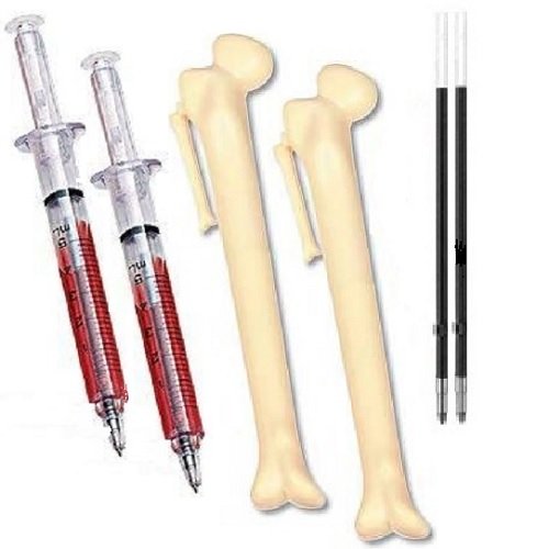 Novelty Syringe and Bone Pen Quad Pack - Writes in Black Ink - Free Refills for Syringe pens