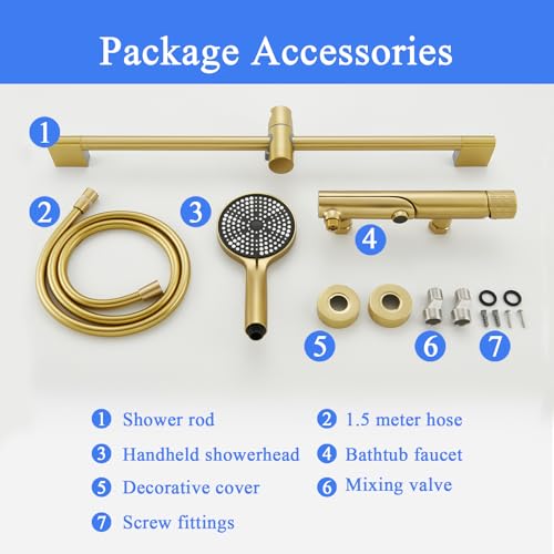 Bath Faucet with 3 Jets, Wall Mounted Bath Mixer Tap with 90° Rotating Spout, 1.5 m Flexible and Bracket, Bathroom Mixer Tap in Brass (Brushed Gold)