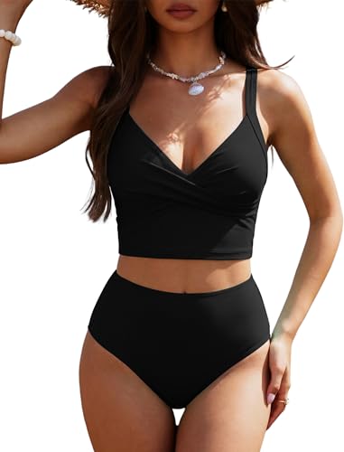 ZAFUL Two Piece Tankini Swimsuits for Women Cute Bathing Suit Twist Front Cropped Swim Tank Top with High Waisted Bottom (Black, Small) at Amazon