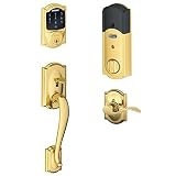 Schlage Connect Camelot Touchscreen Deadbolt with Built-In Alarm and Handleset Grip with Accent Lever, Bright Brass, FE469NX ACC 605 CAM LH, Works with Alexa