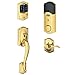 Schlage Connect Camelot Touchscreen Deadbolt with Built-In Alarm and Handleset Grip with Accent Lever, Bright Brass, FE469NX ACC 605 CAM LH, Works with Alexa