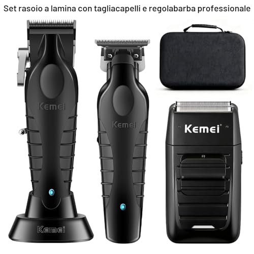 KEMEI Professional Men's Hair Clipper Cordless Hair Clipper with T Blade, Foil Razor, Electric Shaving and Cutting Kit with 11 Guide Combs