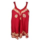 Mogul Interior Flora Women's Boho Tank Top Red Embroidered Sleeveless Blouse S/M