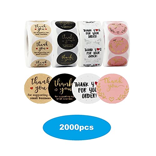 Thank You Stickers Small Business - 4 Rolls 2000 Pieces Thank You Stickers Labels for Envelopes, Bubble Mailers and Gift Bags Packaging , 1 Inch，500 Pieces Each Roll