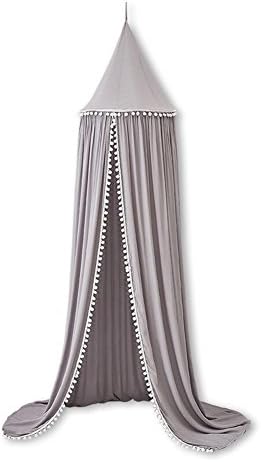 Frideko Kids Canopy, Cotton Princess Bed Canopy Mosquito Net for Baby with PomPom and Round Dome Height 240cm / 94.9 inch (Grey)