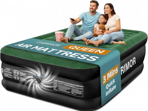 CHERIMOR Queen Air Mattress with Built-in Pump, 18" Raised Comfort, 800lbs Heavy-Duty Support, Anti-Sag Horizontal Beam, Leak-Resistant Design, 3-Min Fast Inflation Blow Up Bed for Guests & Camping
