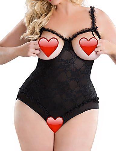 AdLove Women Sexy Lingerie Plus Size Lace Teddy Open The Cup Bodysuit One Piece Nightie(XXXXL, Black)