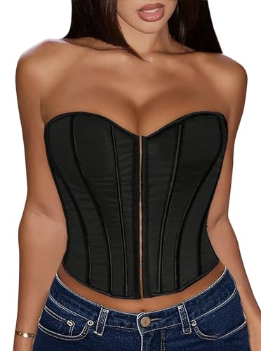 Benfoly Overbust Corset Tops for Women Lace up Strapless Boned Bustier Lingerie Bodyshaper Top