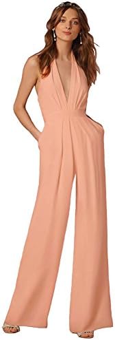 Lielisks Sexy Jumpsuits Formal Sleeveless V-Neck Halter Wide Leg Long Pants Pink L