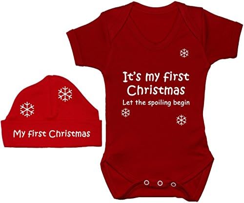 It's My First Christmas Let The Spoiling Begin Baby Bodysuit/Romper/T-Shirt With Beanie Hat/Cap Set 0 to 12 Months