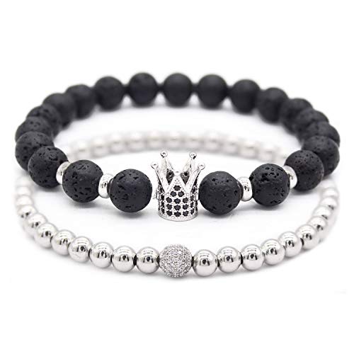 GEMFEEL 2pc/Set Crystal Crown Bracelet 8mm Lava Stone Beaded Bracelets Sets for Men Jewelry