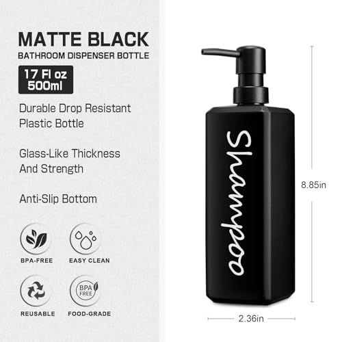 GMISUN Shampoo and Conditioner Dispenser, 17 Fl oz / 500ml Square Shower Gel Dispenser, Refillable Shampoo Bottles, Bathroom Plastic Black Shower Soap Dispensers, Modern Pump Bottle Dispensers 3 Pack