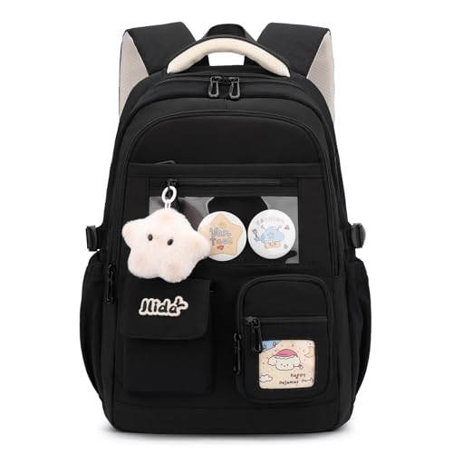 Tanou Girls Backpack, Large Capacity School Bag Teenager Waterproof Polyester School Bags Fashion with Star Pendant for Primary School and College, Black