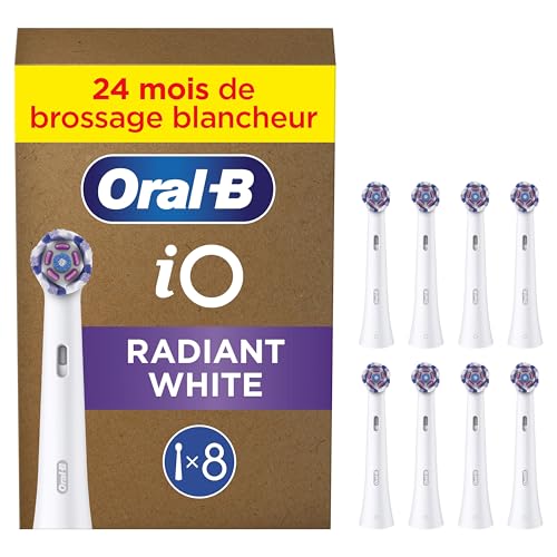 Oral-B Brossettes de Rechange Radiant White, lot de 8, Blanches – Recharges Brosse à Dents Électrique iO, pour Adultes, Tête Ronde de Polissage Blanchissant, Emballage en Carton