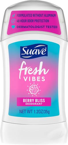 SUAVE FRESH VIBES DEODORANT STICK ALUMINUM FREE 48 HOUR DEODORANT PROTECTION BERRY BLISS DERMATOLOGIST TESTED BODY DEODORANT 1.2 OZ