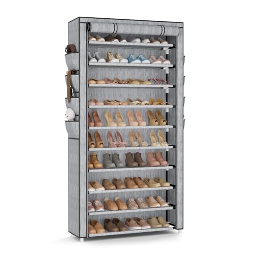 ROJASOP Shoe Rack with Covers, Stackable 10 Tier Tall Shoe Shelf Storage 50-55 Pairs Shoes and Boots Large Capacity Vertical Shoe Rack Organizer for Closet Entryway Garage Bedroom, Multi Color