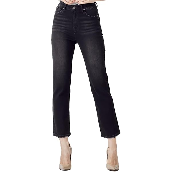 SALT TREE Mid Rise Straight Jeans - Raw Edge Denim With Comfort Stretch (Black, 27)