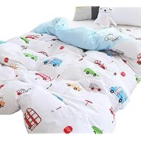 J-pinno Boys Girls Cartoon Cars Muslin Duvet Cover, 100% Cotton, Invisible Zipper, for Kids Twin Bedding Decoration Gift (Twin 59" X 78", Blue)
