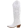 Erocalli White Cowgirl Boot Cowboy Boots for Women Embroidered Pull-On Chunky Stacked Heel Knee High Western Boots