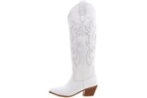 Erocalli White Cowgirl Boot Cowboy Boots for Women Embroidered Pull-On Chunky Stacked Heel Knee High Western Boots