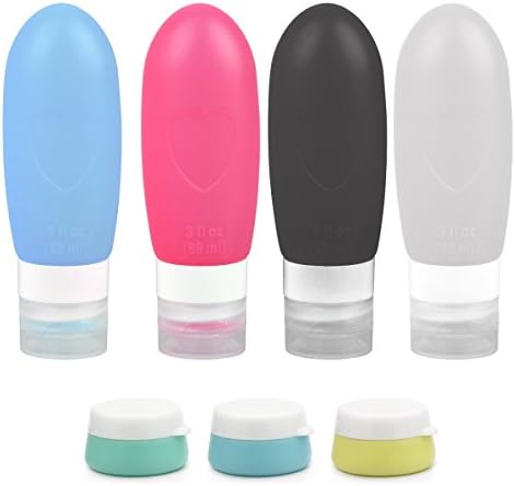 Leak Proof Travel Bottles, HUAYF Silicone Cream Jars Travel Accessories Refillable Silicone Travel Containers Containers Perfect for Liquid Toiletries (4 Pack 3oz Travel Bottles+3 Pack 10ml Cream Jar)