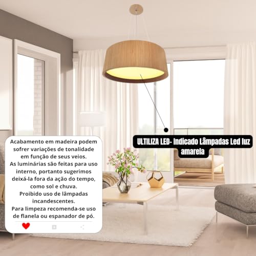 DSMIX RJ Lustre Pendente Redondo 40cm Madeira Freijó com 4 Bocais E27 Bivolt – Luminária Moderna para Sala, Cozinha e Área Gourmet