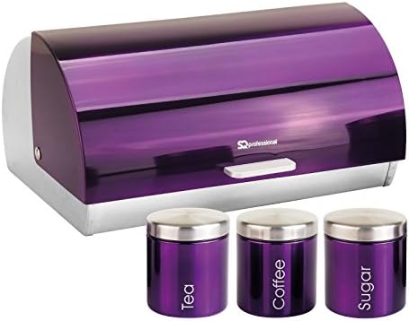 Metallic Tea Coffee Sugar Storage Canister Tin Jar Pot Container & Bread Bin Set Amethyst-Purple