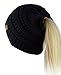 C.C BeanieTail Soft Stretch Cable Knit Messy High Bun Ponytail Beanie Hat, Black