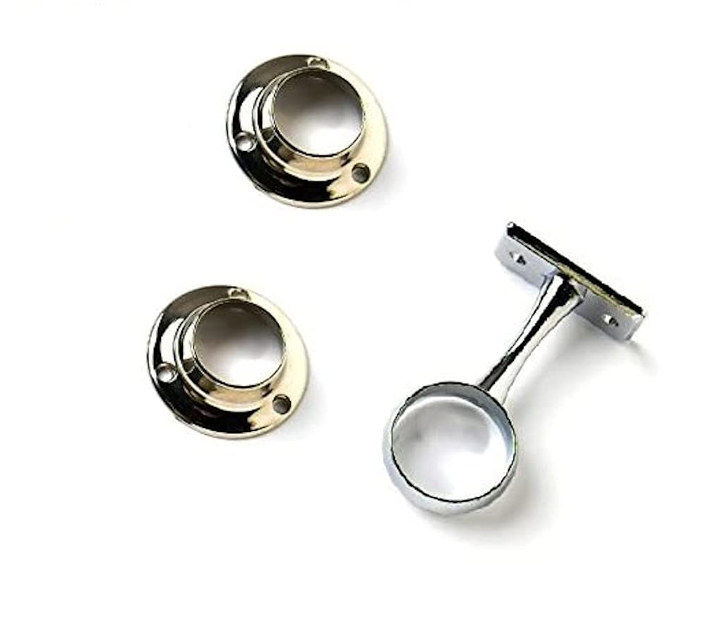 Merriway BH04413 (3 Pcs) Chrome Wardrobe Clothes Tube Rail Rod Hanging Support Kit, 25mm (1 inch) - Pack of 1 x Centre Support Bracket and 2 x End Sockets