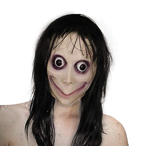 Momo Mask Adult with Wig, Creepy Hacking Game Latex Mask Cosplay Scary Mask Costume White